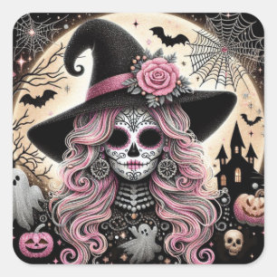 Sugar Skull Hexe und Spooky Halloween Szene Quadratischer Aufkleber