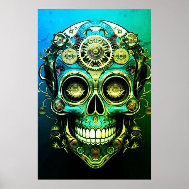 Sugar Skull Images Cool Green + Blue Guy on a Wall Poster (Vorne)