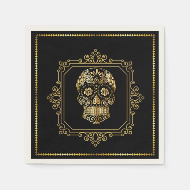 Sugar Skull in Black & Gold Cocktail Serviette (Vorderseite)