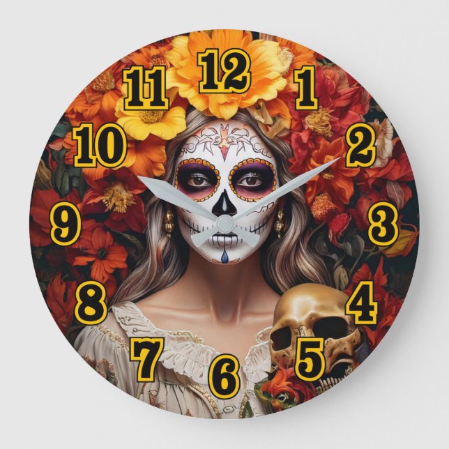 Sugar Skull Lady Large Clock Große Wanduhr (Vorderseite)