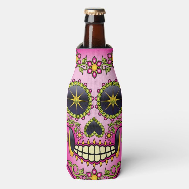 Sugar Skull Magenta Floral Flaschenkühler (Flaschenvorderseite)