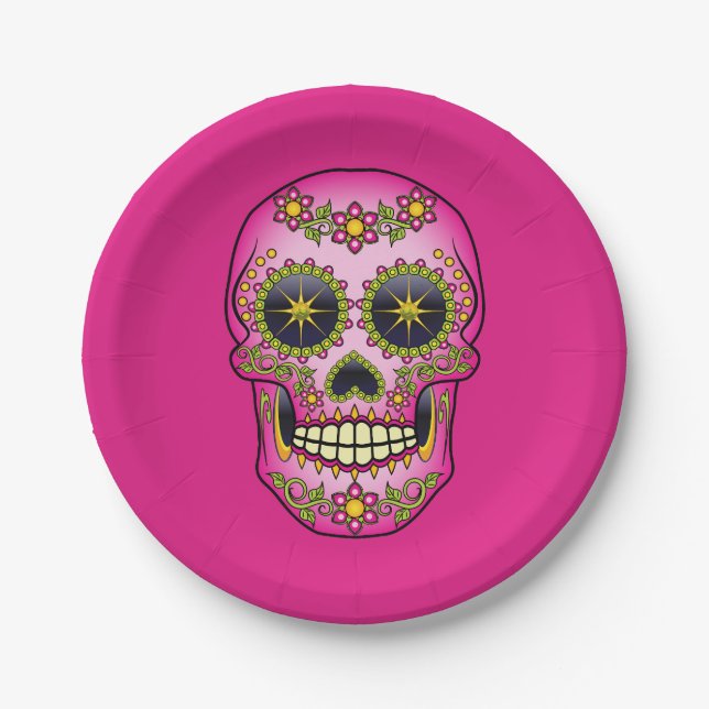 Sugar Skull Magenta Floral Pappteller (Vorderseite)