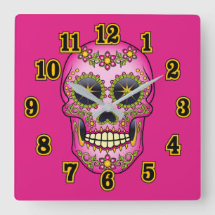 Sugar Skull Magenta Floral Quadratische Wanduhr