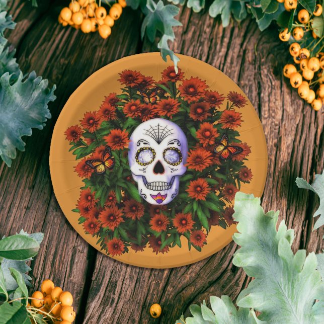 Sugar Skull Marigold Dia de Los Muertos Halloween Pappteller (Von Creator hochgeladen)