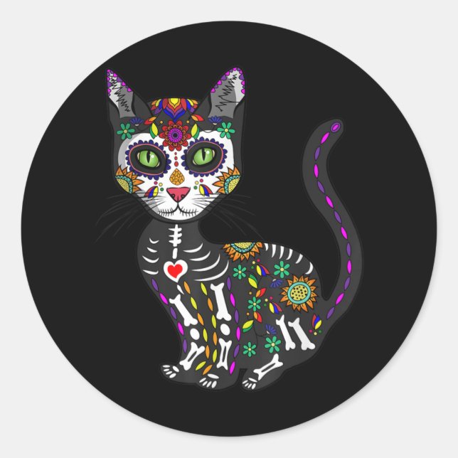 Sugar Skull Mexican Cat Halloween Day Of The Dead Runder Aufkleber (Vorderseite)