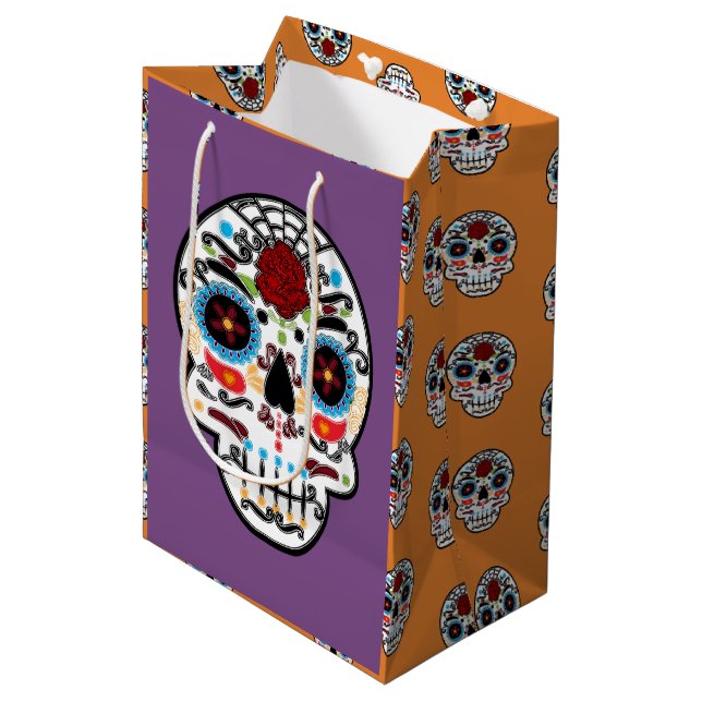 Sugar Skull Mexican Skeleton Party Mittlere Geschenktüte (Vorderseite Schrägansicht)
