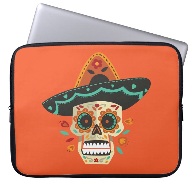 Sugar Skull mit Hat Dia de Muertos Laptop Sleeve (Vorderseite)