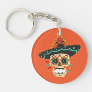 Sugar Skull mit Hat Dia de Muertos   Schlüsselanhä Schlüsselanhänger