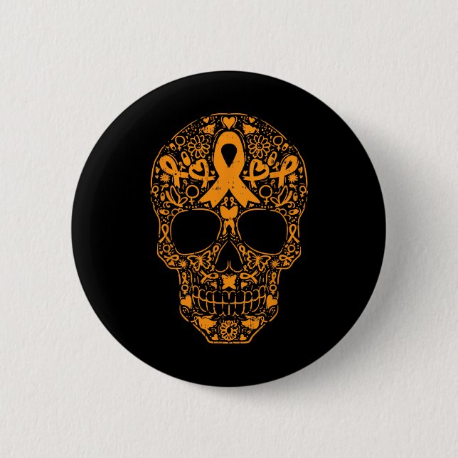 Sugar Skull Orange Ribbon Leukämie Krebsvorwarene Button (Vorderseite)
