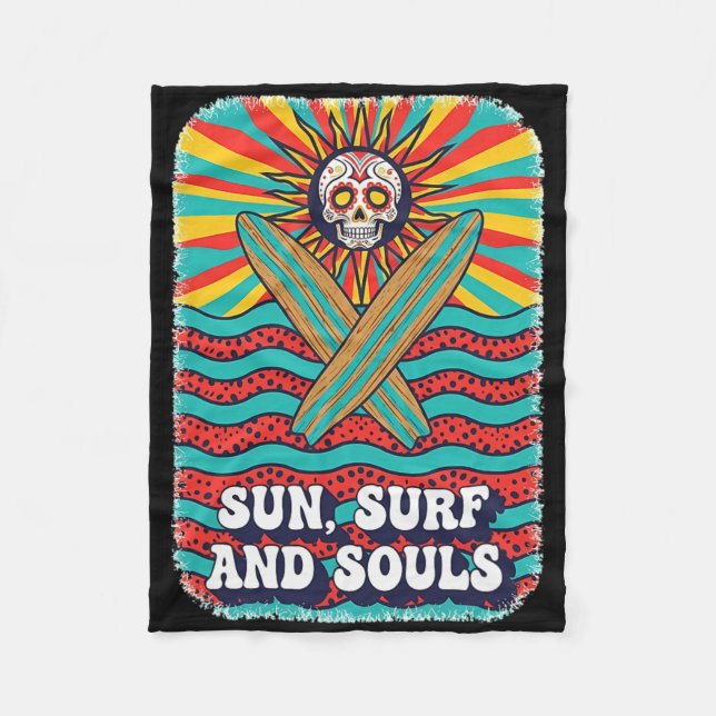 Sugar Skull Psychedelic Sun Retro Surf Ocean Waves Fleecedecke (Vorderseite)