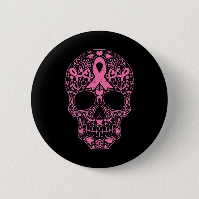 Sugar Skull Rosa Ribbon Calavera Brustkrebs Awa Button (Vorderseite)