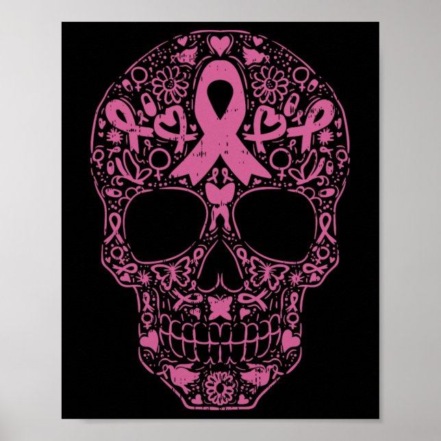 Sugar Skull Rosa Ribbon Calavera Brustkrebs Awa Poster (Vorne)