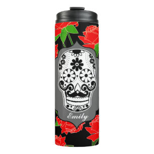 Sugar Skull & Rote Rosen Dia De Los Muertos Thermosbecher