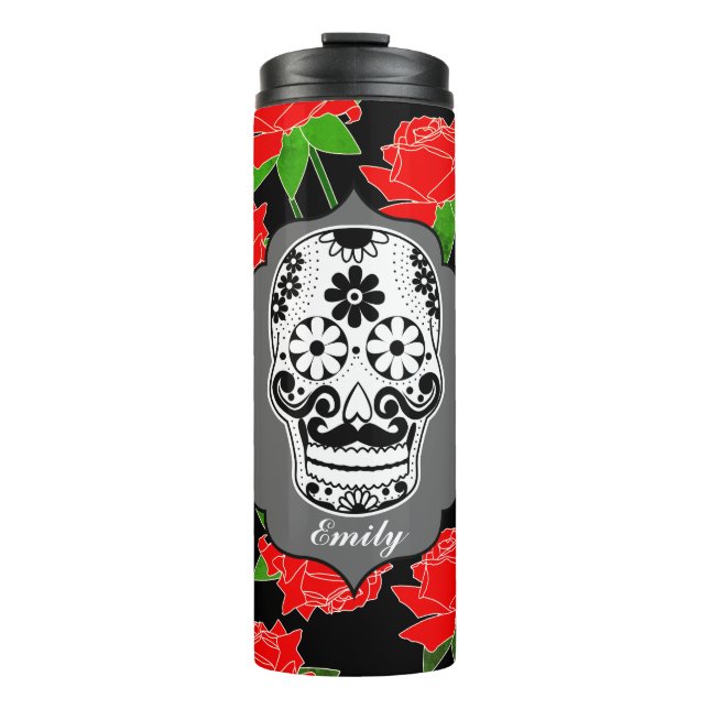 Sugar Skull & Rote Rosen Dia De Los Muertos Thermosbecher (Vorderseite)