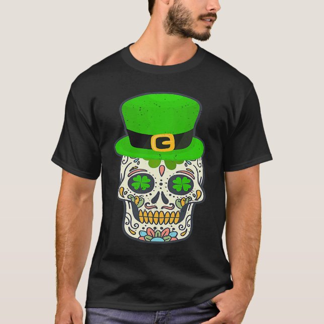 Sugar Skull Saint Patricks Day Of Dead Lucky Hallo T-Shirt (Vorderseite)