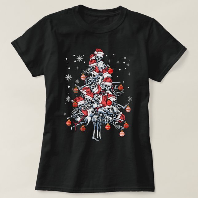 Sugar Skull Santa Hat Christmas Tree Funny Xmas T-Shirt (Design vorne)