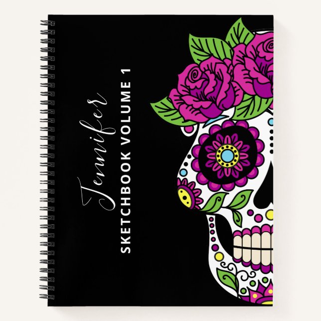 Sugar Skull Schwarz-weiß Day of the Dead Sketchboo Notizbuch (Vorderseite)