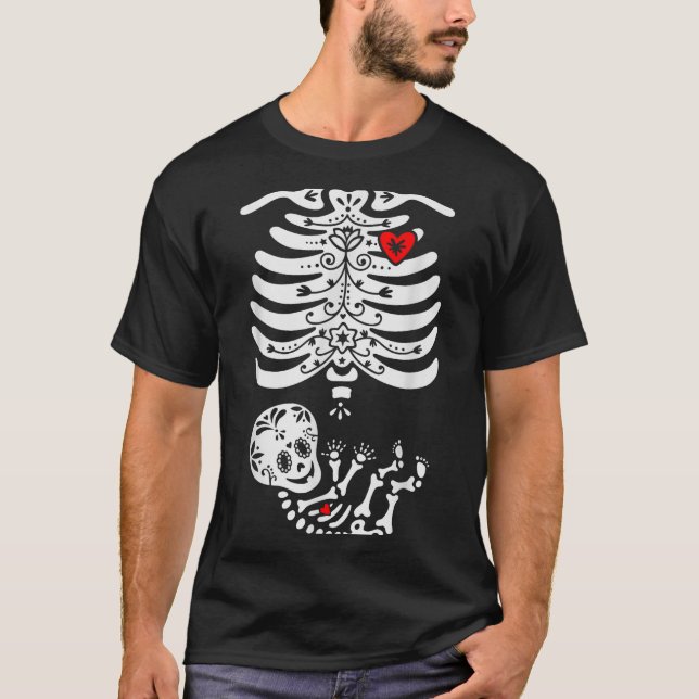 Sugar Skull Skeleton Halloween Pregnancy Annouceme T-Shirt (Vorderseite)