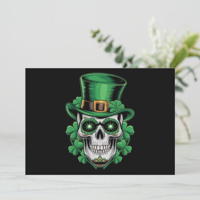 Sugar Skull St Patrick Day Lucky Kleeblatt Einladung (Stehend Vorderseite)