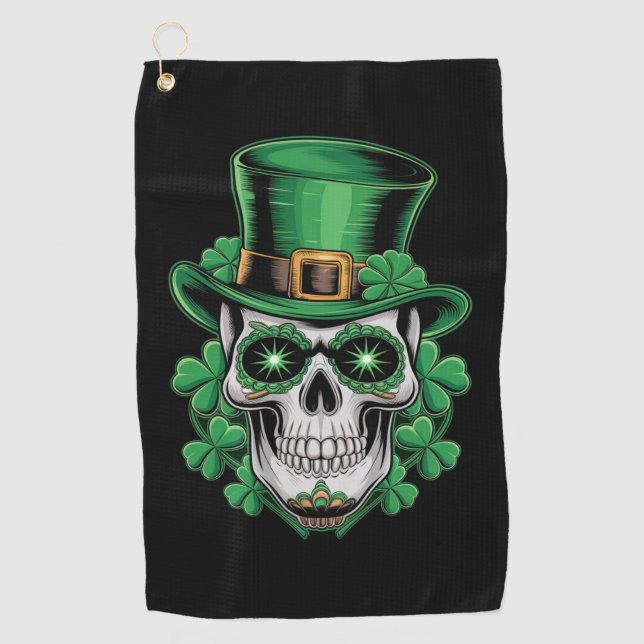 Sugar Skull St Patrick Day Lucky Kleeblatt Golfhandtuch (Vorderseite)