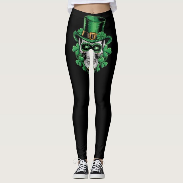 Sugar Skull St Patrick Day Lucky Kleeblatt Leggings (Vorderseite)