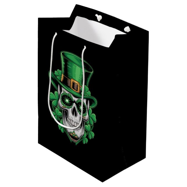 Sugar Skull St Patrick Day Lucky Kleeblatt Mittlere Geschenktüte (Vorderseite Schrägansicht)