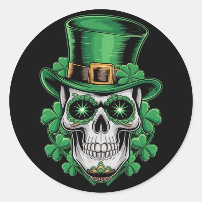 Sugar Skull St Patrick Day Lucky Kleeblatt Runder Aufkleber (Vorderseite)