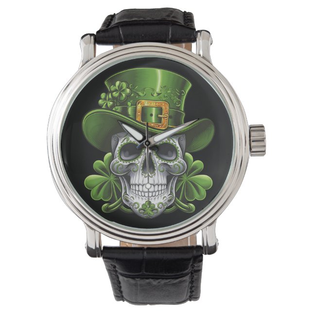 Sugar Skull St Patrick's Day Kleeblatt Armbanduhr (Vorderseite)