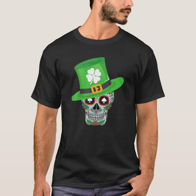 Sugar Skull St. Patricks Day Kleeblatt Hat Graphi T-Shirt (Vorderseite)