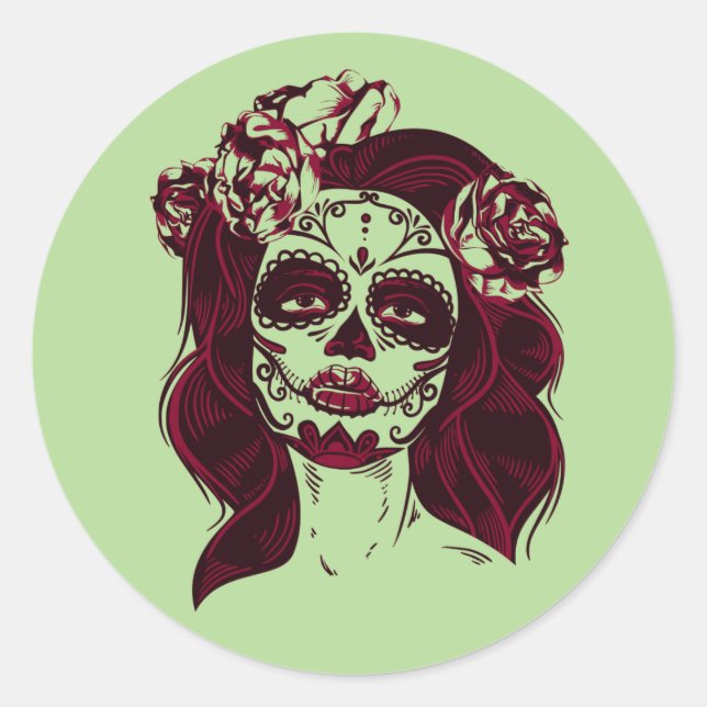 Sugar Skull Sticker Mädchen Grüner Tag der Toten (Vorderseite)