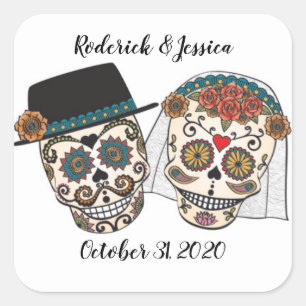 Sugar Skull Wedding Quadratischer Aufkleber