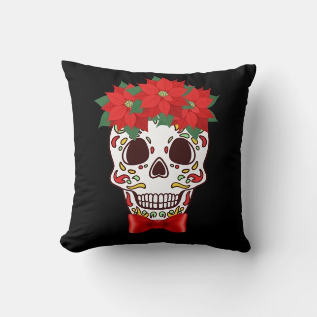 Sugar Skull Weihnachtskissen mit Poinsettias Kissen (Vorderseite)