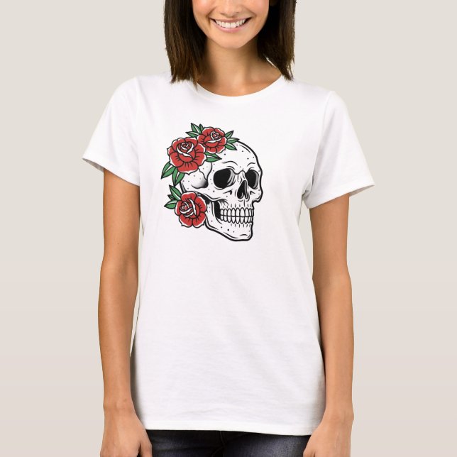 Sugar Skull with Red Roses Poster T-Shirt (Vorderseite)