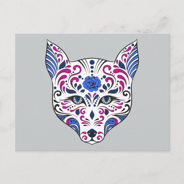 Sugar Skull Wolf Head Blue Lila Postkarte (Vorderseite)