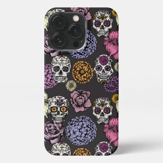 Sugar Skulls Black iPhone 13 Pro Fall Hülle (Rückseite)