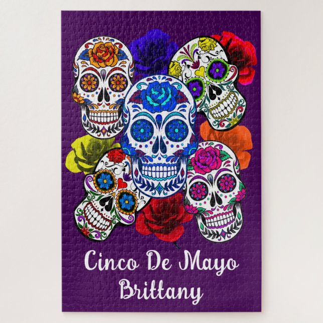 Sugar Skulls Bunte Rose Cinco Alle Soule Name Puzzle (Vertikal)
