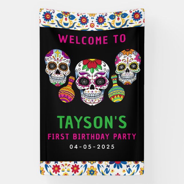 Sugar Skulls Day 1st Birthday Party Colorful Día Banner (Vertikal)