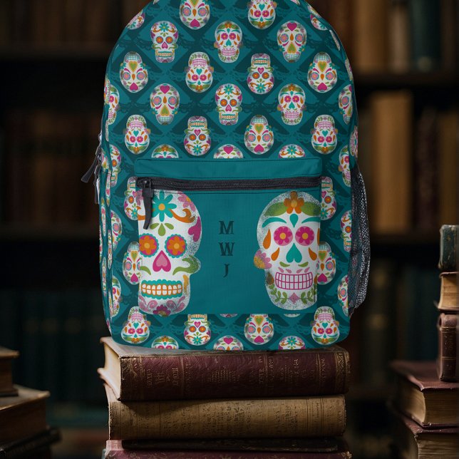 Sugar Skulls Dia De Los Muertos Mit Monogramm Bedruckter Rucksack (Von Creator hochgeladen)