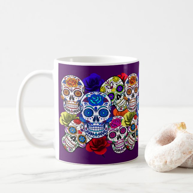 Sugar Skulls Farbenfrohe Rose Cinco Alle Soule Kaffeetasse (Mit Donut)