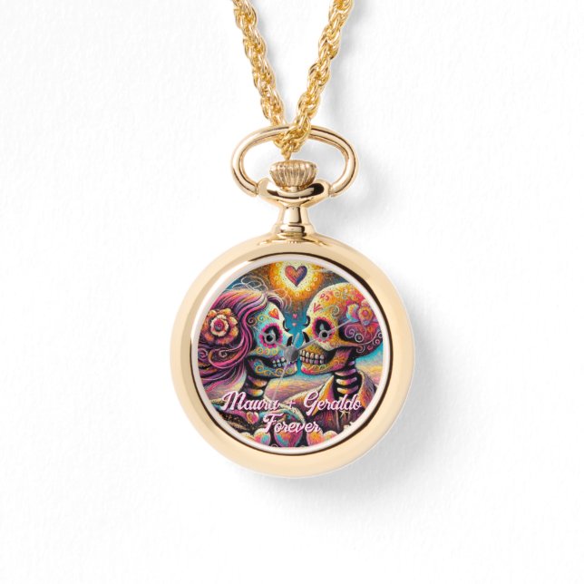 Sugar Skulls in Love Chalk Pastel Personalized Armbanduhr (Vorderseite)