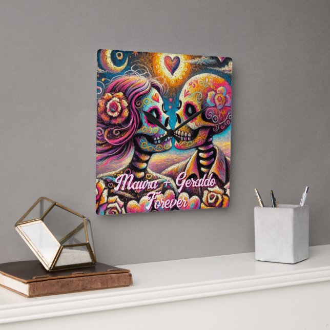 Sugar Skulls in Love Chalk Pastel Personalized Quadratische Wanduhr (Büro)