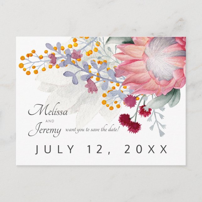 Sugarbush Protea Tropical Save the Date Postkarte (Vorderseite)
