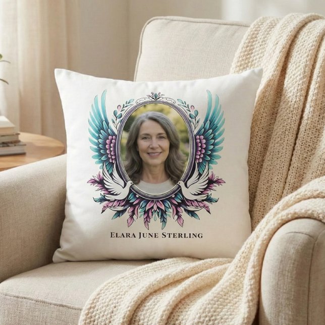 Suicide Loss Memorial Angel Wing Custom Photo Poem Kissen (Personalized Memorial, with Photo for Teal & Purple, Suicide Loss, Throw Pillow)