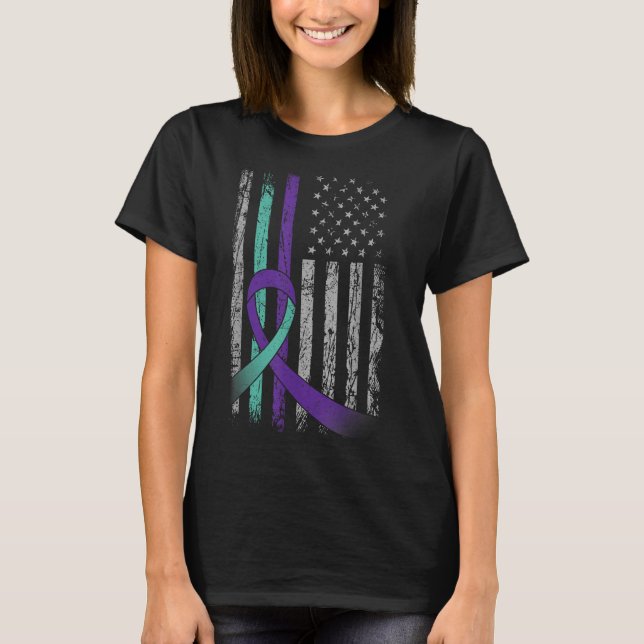Suicide Prevention Awareness America Flag Teal Pur T-Shirt (Vorderseite)