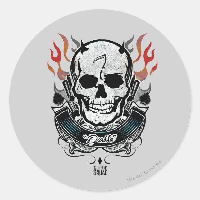 Suicide Squad | Diablo Skull & Flames Tattoo Art Runder Aufkleber (Vorderseite)