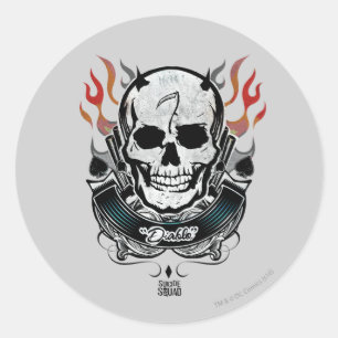 Suicide Squad   Diablo Skull & Flames Tattoo Art Runder Aufkleber