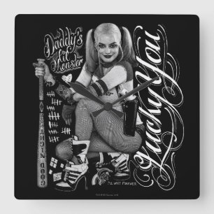 Suicide Squad   Harley Quinn Typography Photo Quadratische Wanduhr