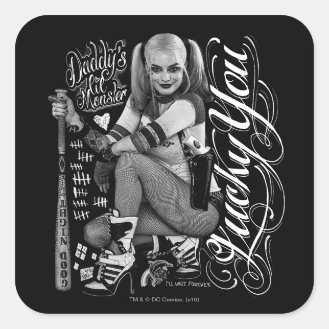 Suizid| Harley Quinn Typografy Foto Quadratischer Aufkleber (Vorderseite)