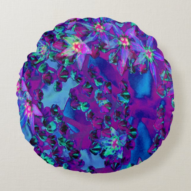 Sukkuläre Blume in Aquamarin, Magenta und Blau Rundes Kissen (Vorderseite)