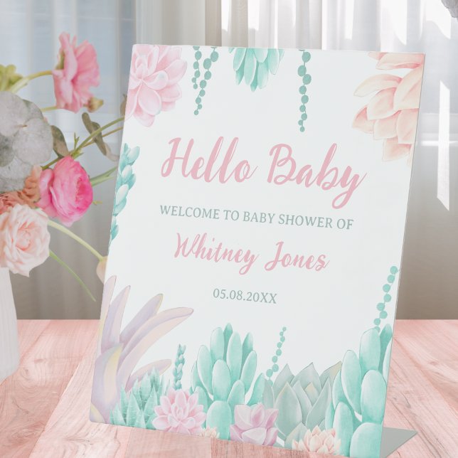 Sukkuläre Wasserfarbe Niedlich Girl Baby Dusche Wi Sockelschild (Succulent Watercolor Cute Girl Baby Shower Welcome Pedestal Sign)